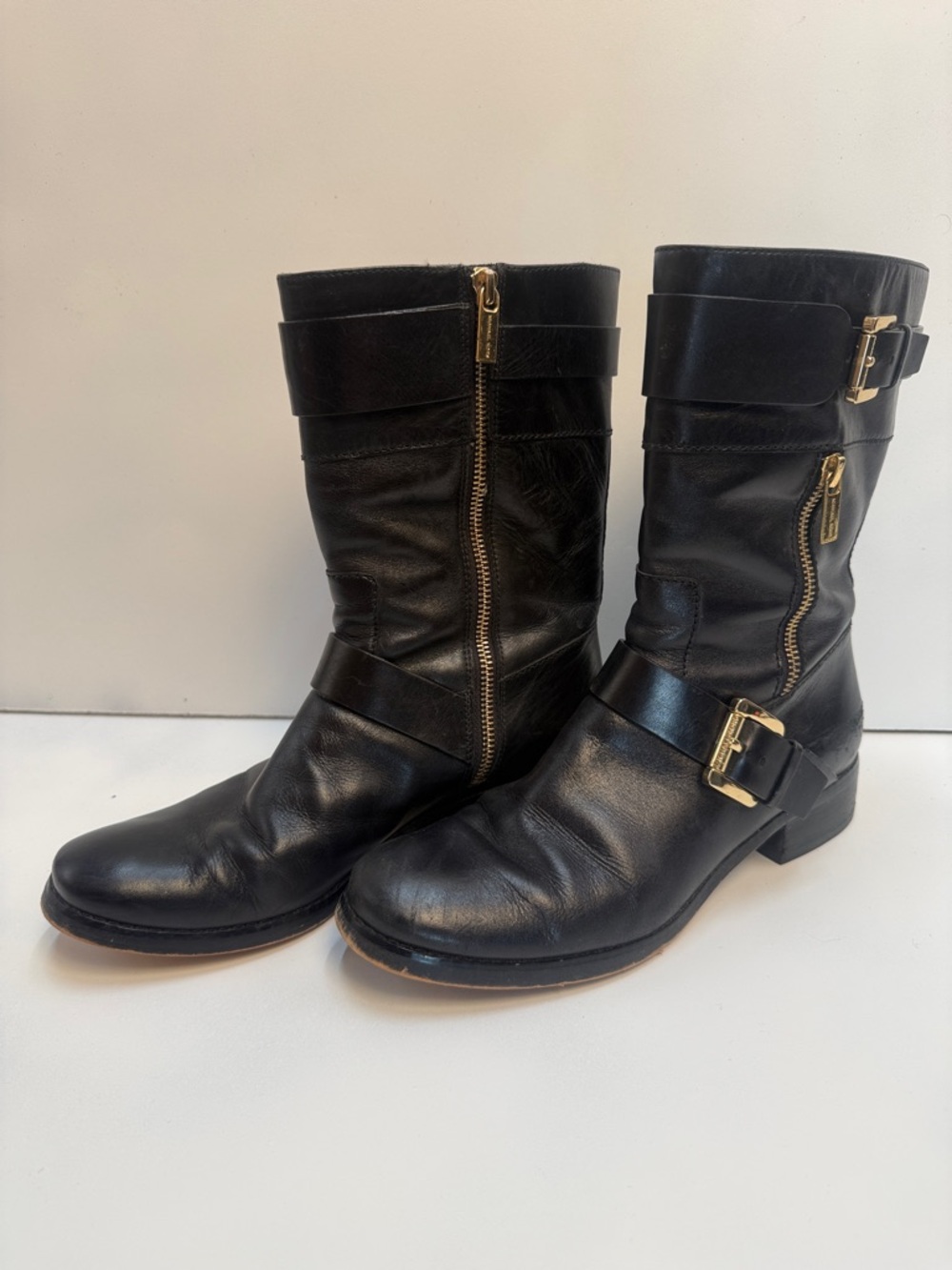 Women's Michael Kors  Black Leather Boot with Gold Accessories Size 8 M